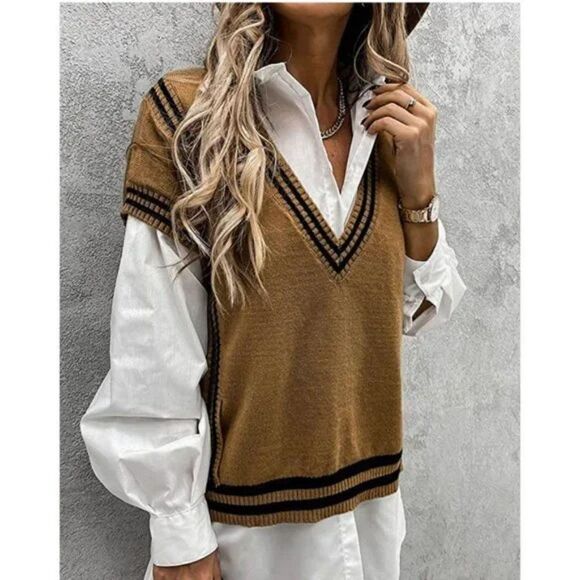 Brown Striped Knit V-Neck Oversized Sleeveless Square Pullover Sweater Vest - Picture 1 of 8